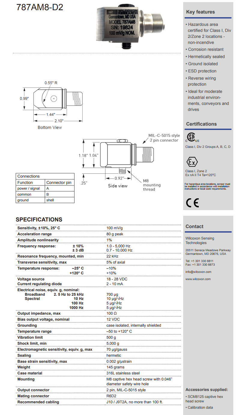 威爾康森標通用加速度振動計787A-M8-D2型技術(shù)參數(shù)