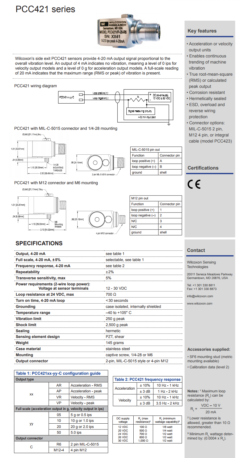 威爾康森4-20mA回路供電振動傳感器PCC421VP-20-R6型技術(shù)參數(shù)