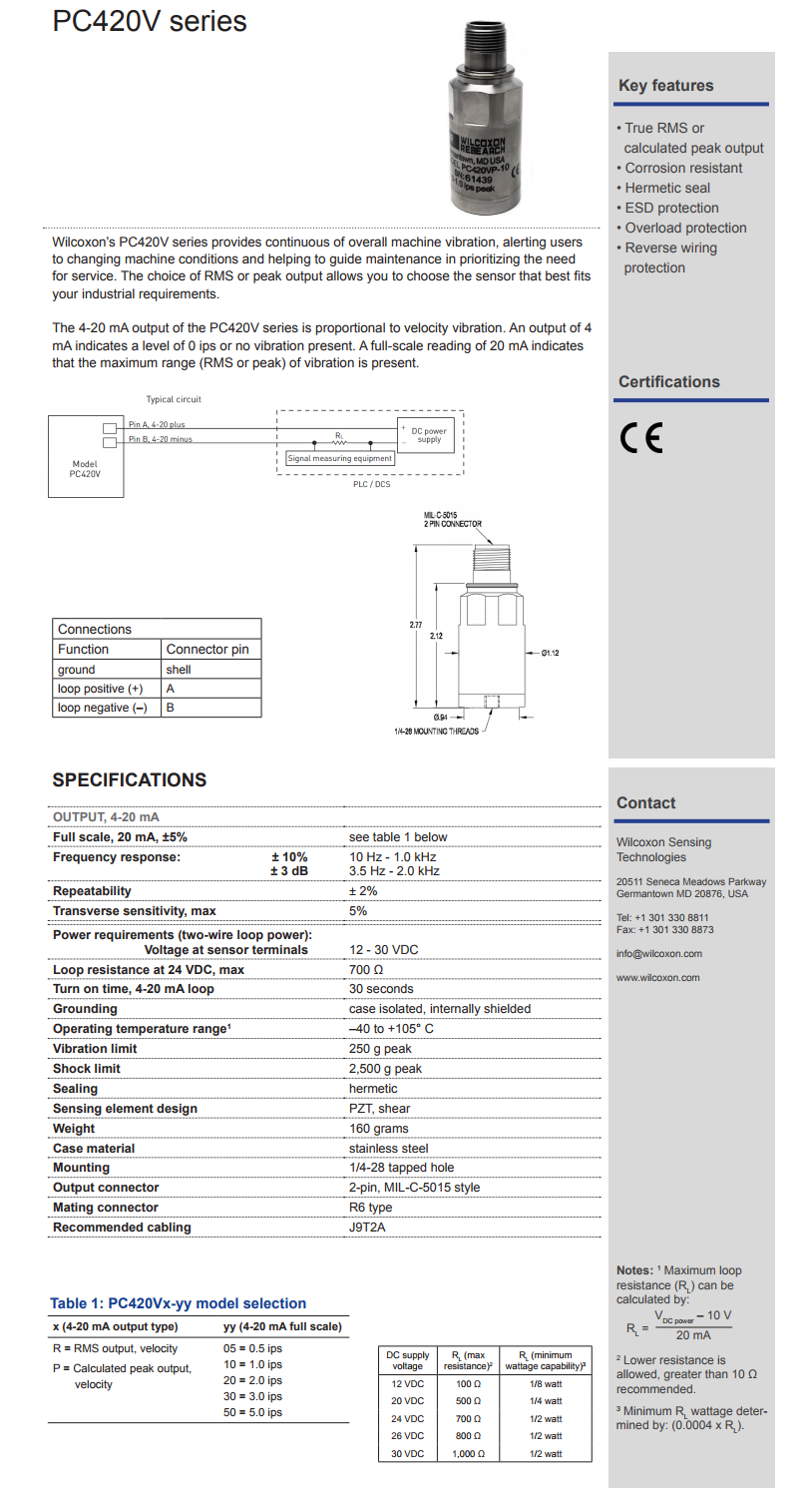 威爾康森4-20mA回路供電振動傳感器PC420VP-10型技術參數(shù)