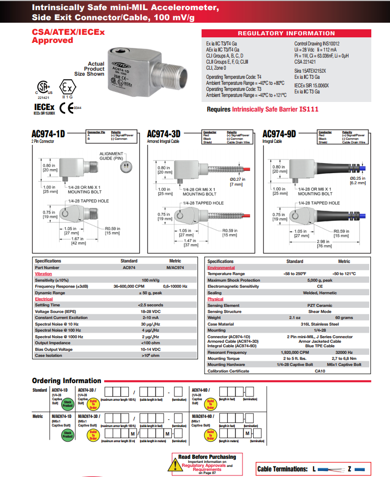 CTC本安型小型加速度振動傳感器AC974技術參數